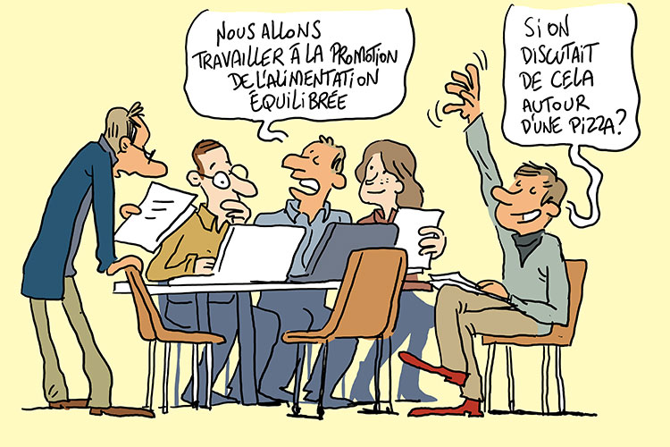 Dessin pour la Mutualité chrétienne selon un scénario préétabli fourni