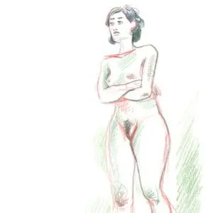 Debout et bras croisés, Croquis de modèle vivant en rouge et vert lors de la session du 24 janvier à l'Atelier sur le Vif du Grand Studio