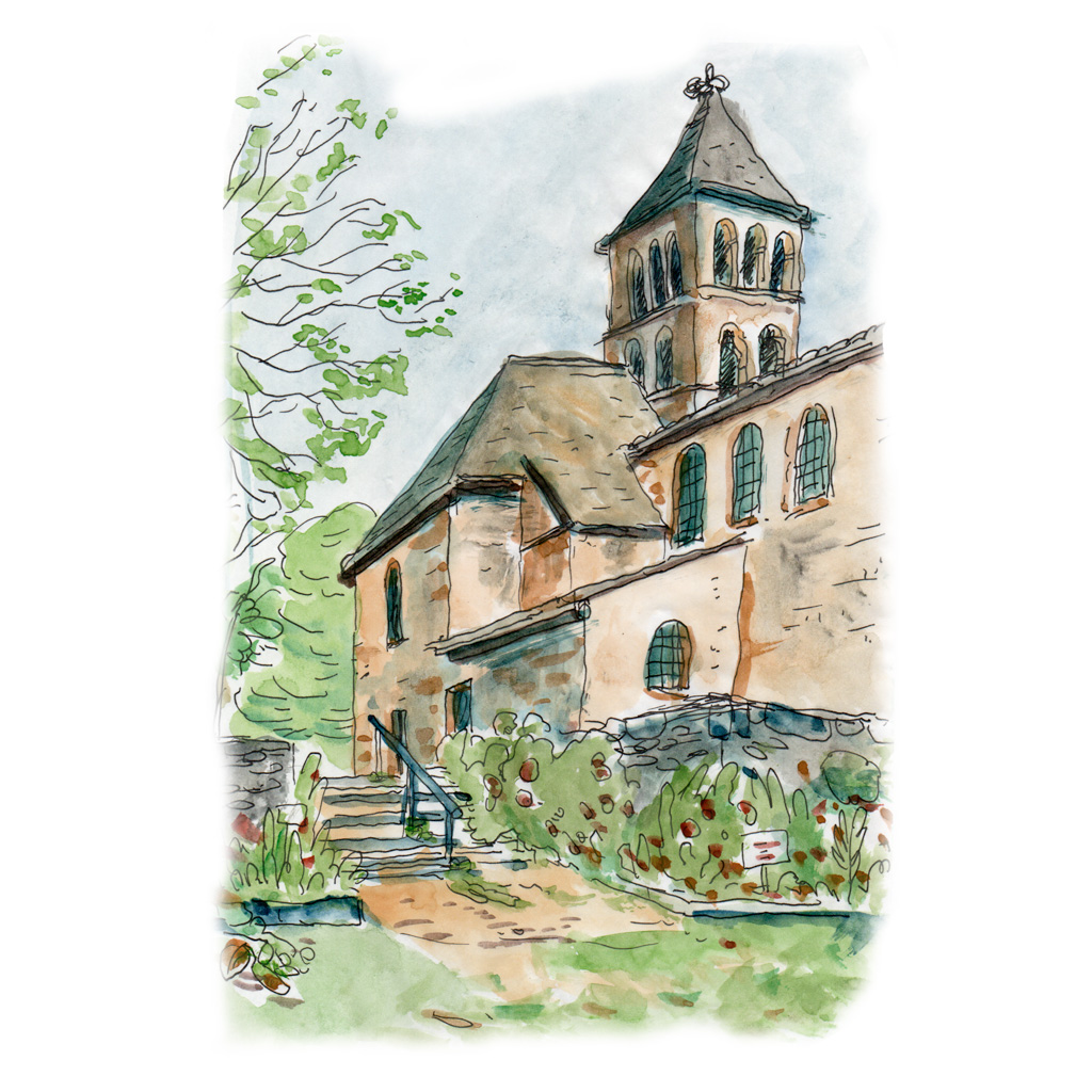 Aquarelle de l'église de la commune de Saint-Léon sur vézère, Périgord