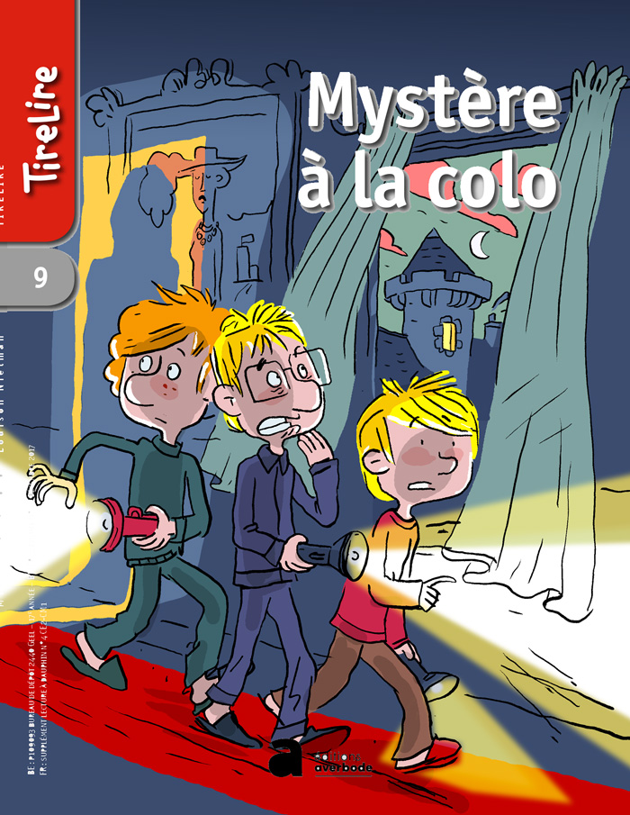 Illustrations en couleur de la couverture de "Mystère à la Colo". 2018. Editions Averbode, Collection TireLire.