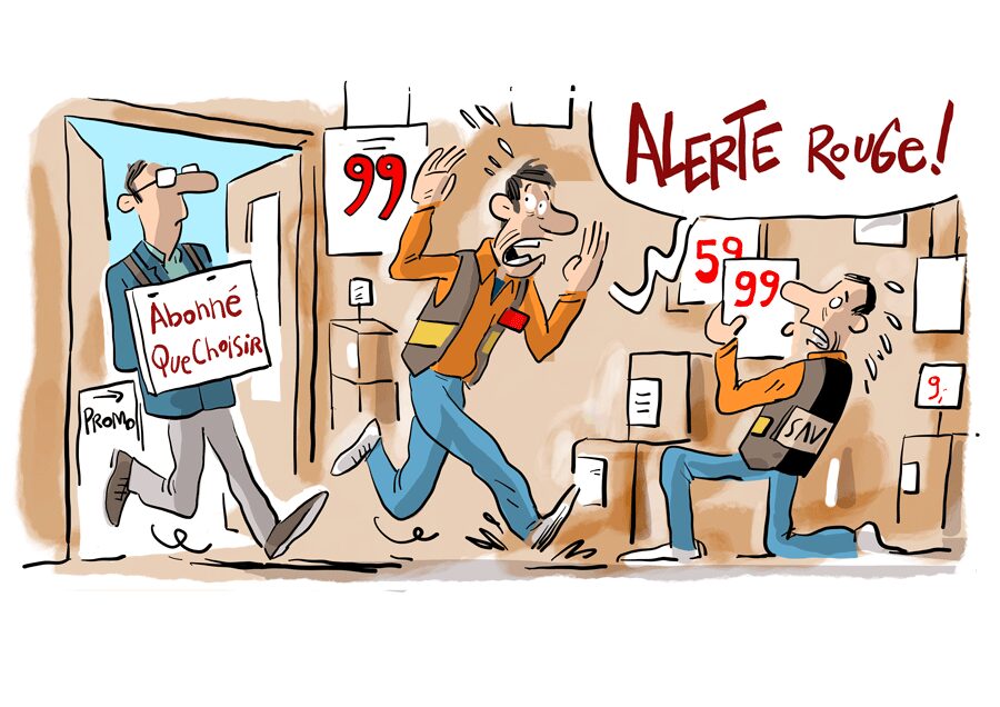 Abonne-que-choisir Illustration sur le consommateur abonné Que choisir qui rentre dans un magasin