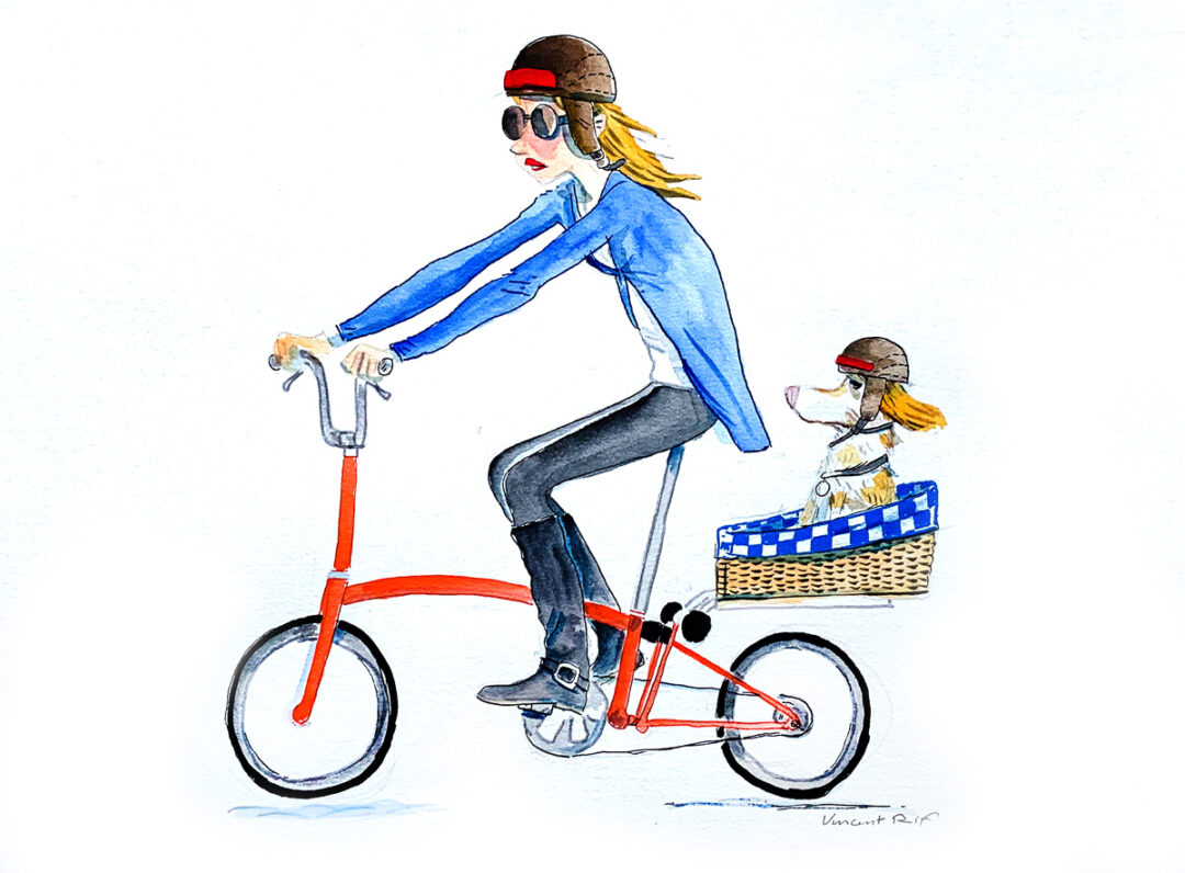 Portrait de Hannah en vélo à l'aquarelle - brompton