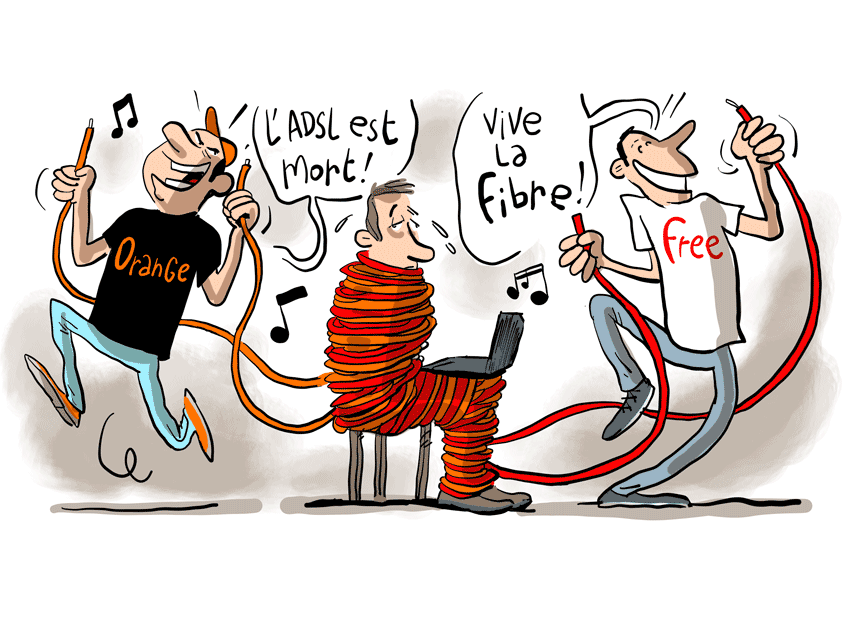 Fibre ou ADSL ? Les opéateurs Orange et Free forcent le consommateur à prendre la fibre. Illustration pour la magazine Que Choisir de février 2020.