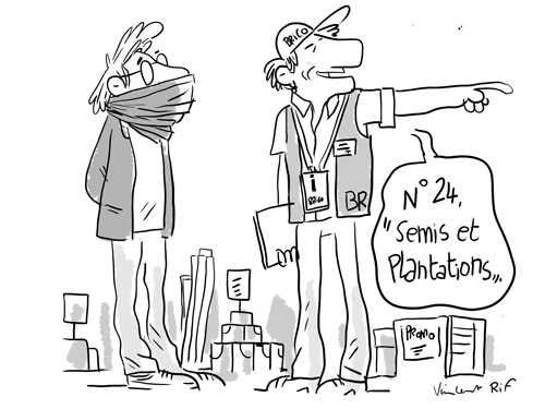 Dessin humoristique sur la recherche de culture dans un magasin de bricolage en tempos de confinement