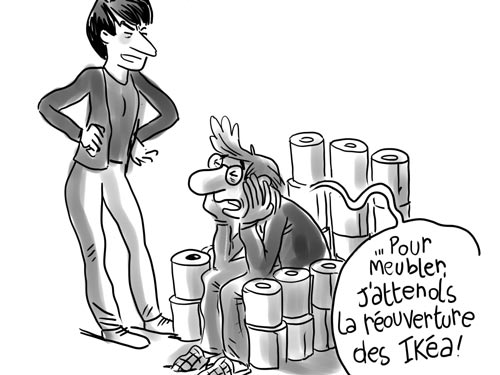 fauteuil avec rouleau de papier toilette wc ennui et attente en confinement de l'ouverture des magasins