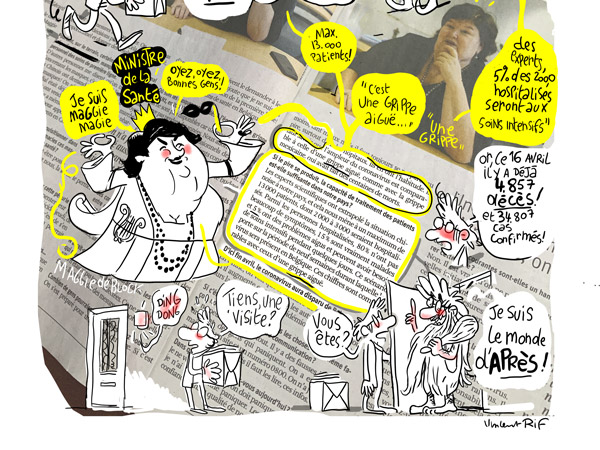 un article de journal interview de Maggie De Bock, ministre belge de la Santé) commenté en dessin sur l'avant et l'après COVID-19