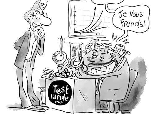 Une K7 et un crayon : un test rapide pour COVID-19. Dessin extrait d'un journal de confinement d'un illustrateur, Vincent Rif