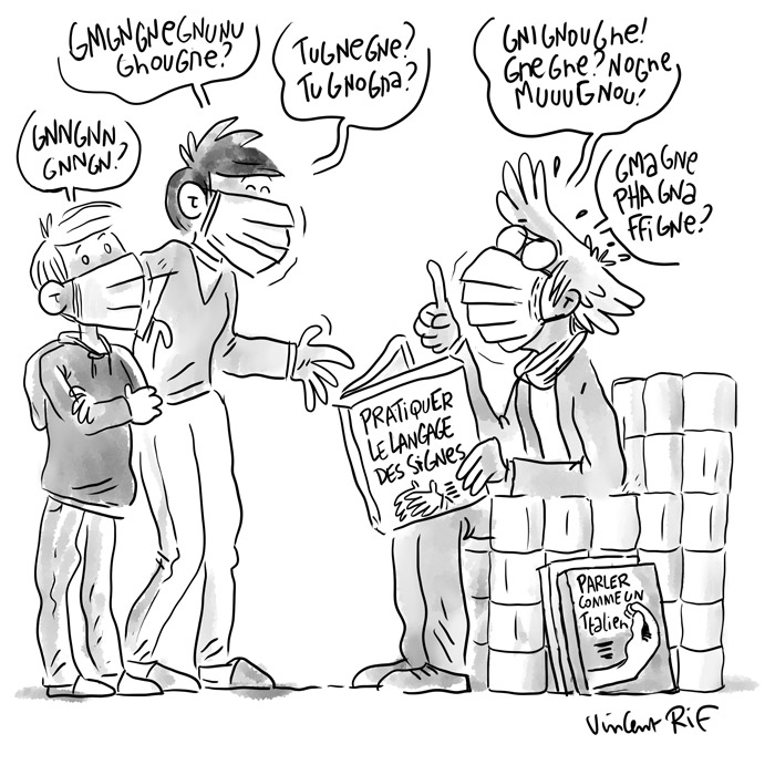 Parler avec un masque sanitaire - comprendre langage des signes, parler italien