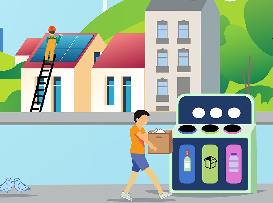 Illustration sur la décarbonisation, recyclage, vélo, panneaux solires, éolien, voiture électriques, transport en commun, végétation dans les villes