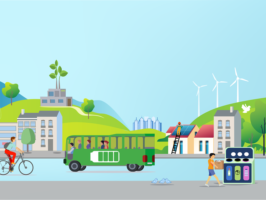 Illustration (Adobe Illustrator) sur la décarbonisation (recyclage, vélo, panneaux solires, éolien, voiture électriques, transport en commun, végétation dans les villes, etc.)