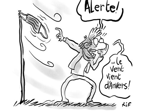 Dessin d'humour de Vincent Rif sur la sitution du coronavirus à Anvers. "Peut-on rire de toux ?" sera bientôt disponible chez Kennes