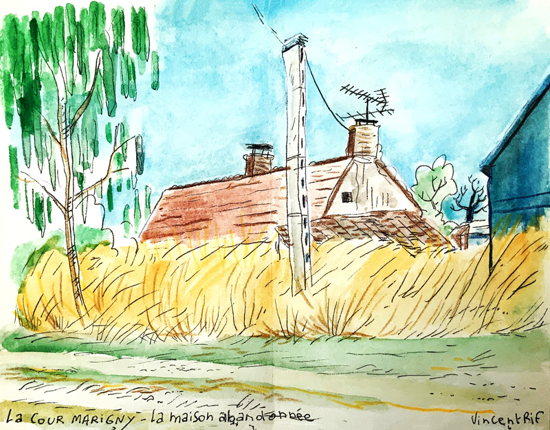 Maison abandonnées dans les champs du Loiret - aquarelle sur carnet de voyage