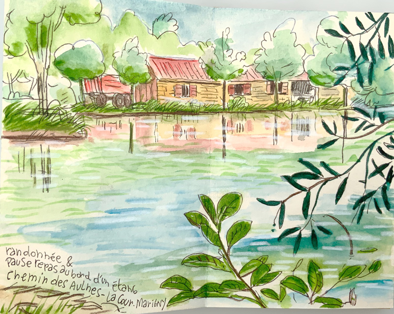 Maison d'un étang de pèche privé dans le Loiret - aquarelle sur carnet de voyage