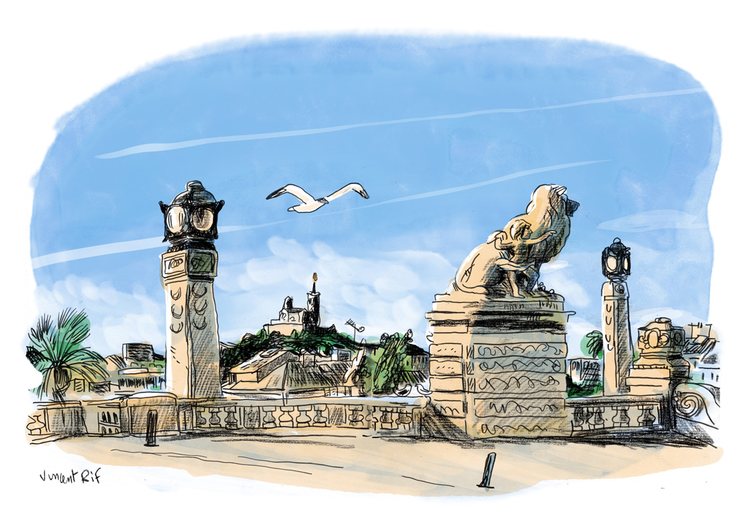 Dessin au feutre et pierre noire de Marseille vue depuis la gare Saint-Charles. Colorisation via Procreate sur iPad.