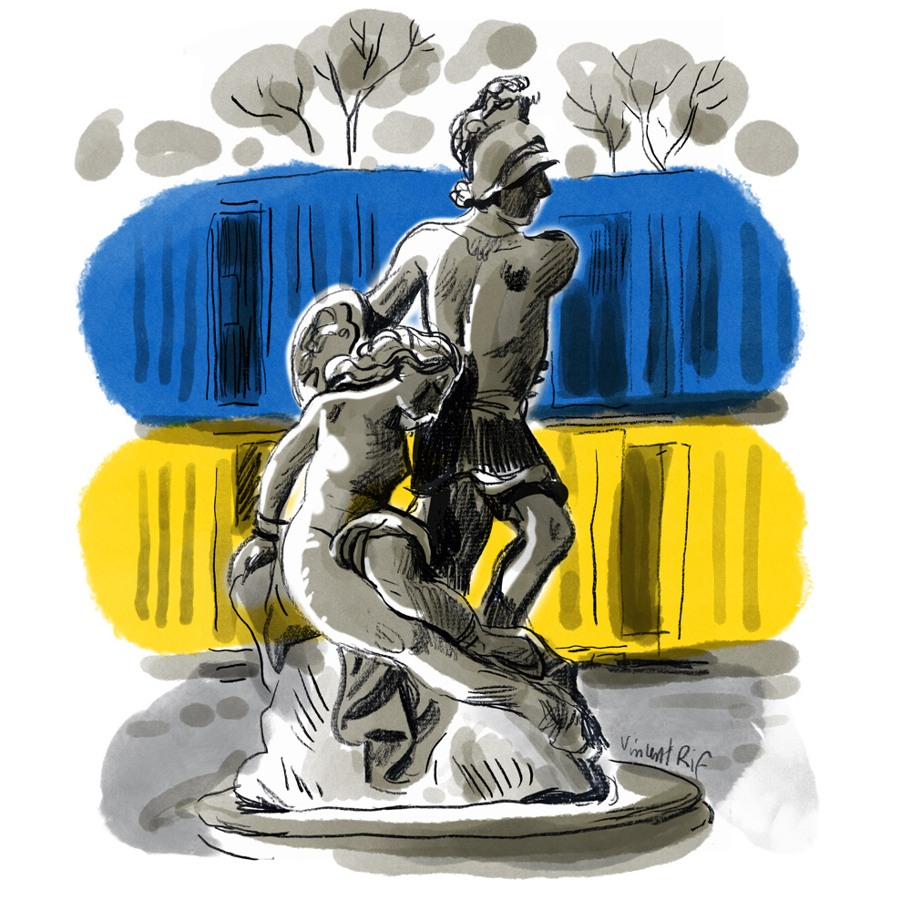 Croquis in situ de « Andromède et Persée », une sculpture de J. Gillis (1769) exposée dans le « dépôt » du musée en plein air de Middelheim. Mise en couleur librement inspirée par la douloureuse actualité de l’#ukaine.
