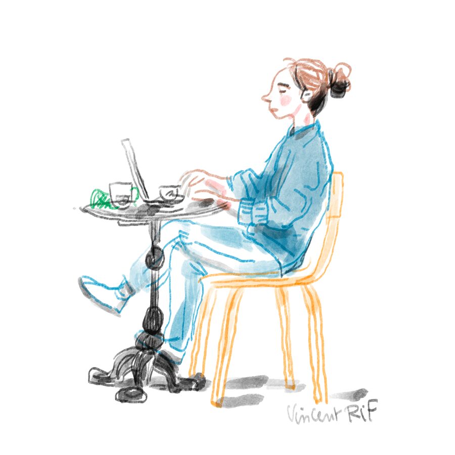 croquis d'une buveuse de café et télétravailleuse