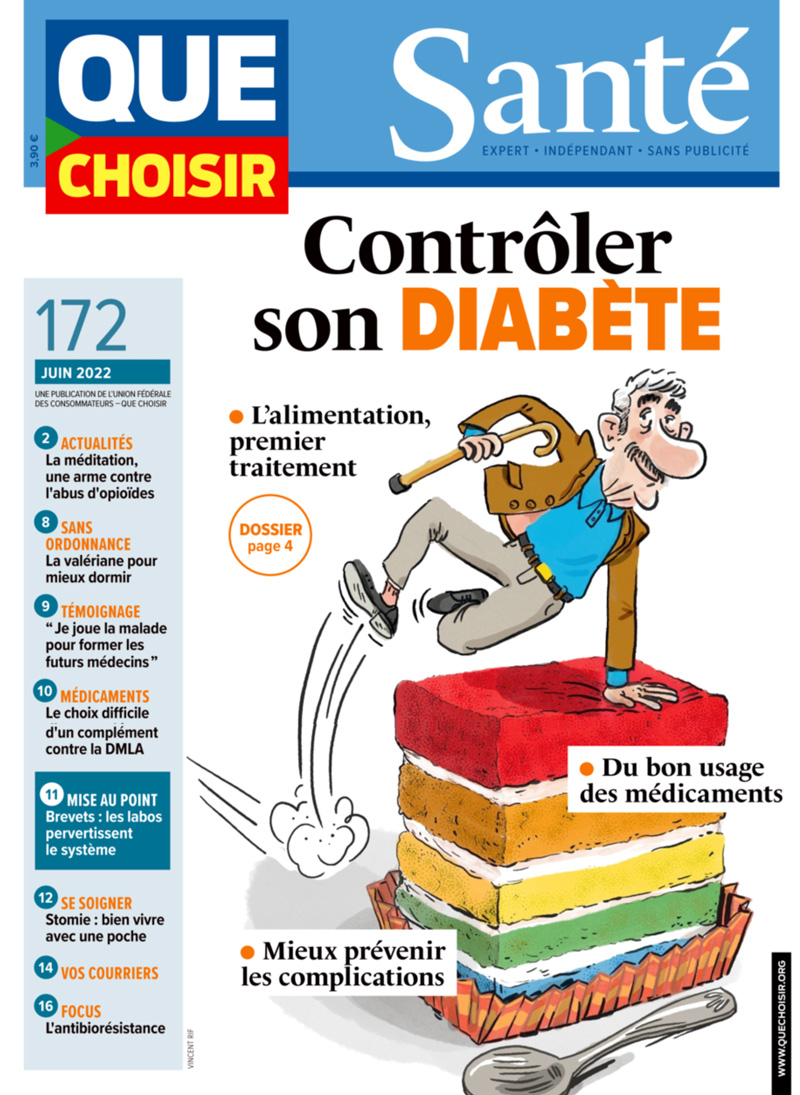 contrôler son diabète, dessin de couverture du mazine que Choisir santé de juin 2022 dessinée par Vincent Rif