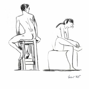 dessin de duo de nus - modèles vivants à la pierre noire