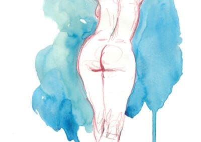 Debout et aquarelle qui coule; Croquis de modèle vivant en rouge et vert lors de la session du 24 janvier à l'Atelier sur le Vif du Grand Studio