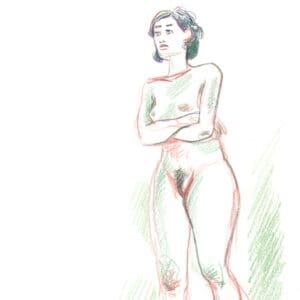 Debout et bras croisés, Croquis de modèle vivant en rouge et vert lors de la session du 24 janvier à l'Atelier sur le Vif du Grand Studio