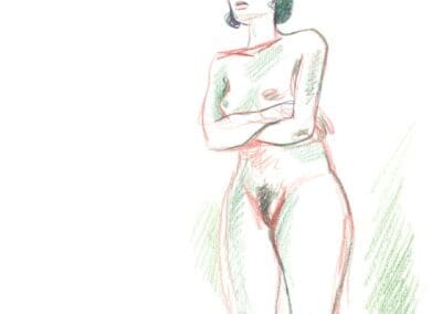 Debout et bras croisés, Croquis de modèle vivant en rouge et vert lors de la session du 24 janvier à l'Atelier sur le Vif du Grand Studio