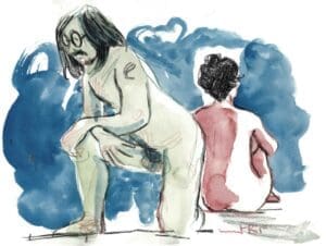 Duo de modèles, Croquis de modèle vivant en rouge et vert lors de la session du 24 janvier à l'Atelier sur le Vif du Grand Studio