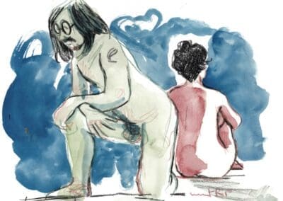 Duo de modèles, Croquis de modèle vivant en rouge et vert lors de la session du 24 janvier à l'Atelier sur le Vif du Grand Studio