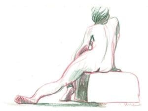 Dos assis, Croquis de modèle vivant en rouge et vert lors de la session du 24 janvier à l'Atelier sur le Vif du Grand Studio