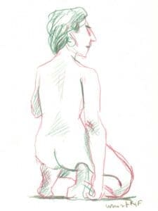 Le dos, Croquis de modèle vivant en rouge et vert lors de la session du 24 janvier à l'Atelier sur le Vif du Grand Studio