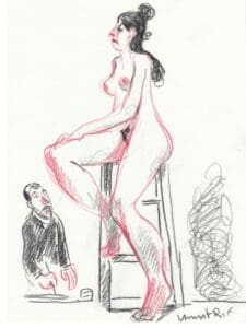 Sur la chaise, Croquis de modèle vivant en rouge et vert lors de la session du 24 janvier à l'Atelier sur le Vif du Grand Studio