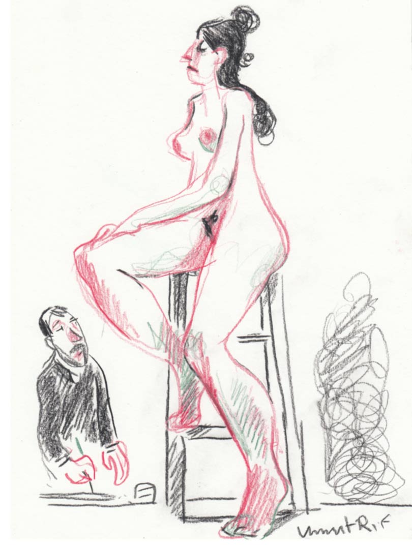 Sur la chaise, Croquis de modèle vivant en rouge et vert lors de la session du 24 janvier à l'Atelier sur le Vif du Grand Studio