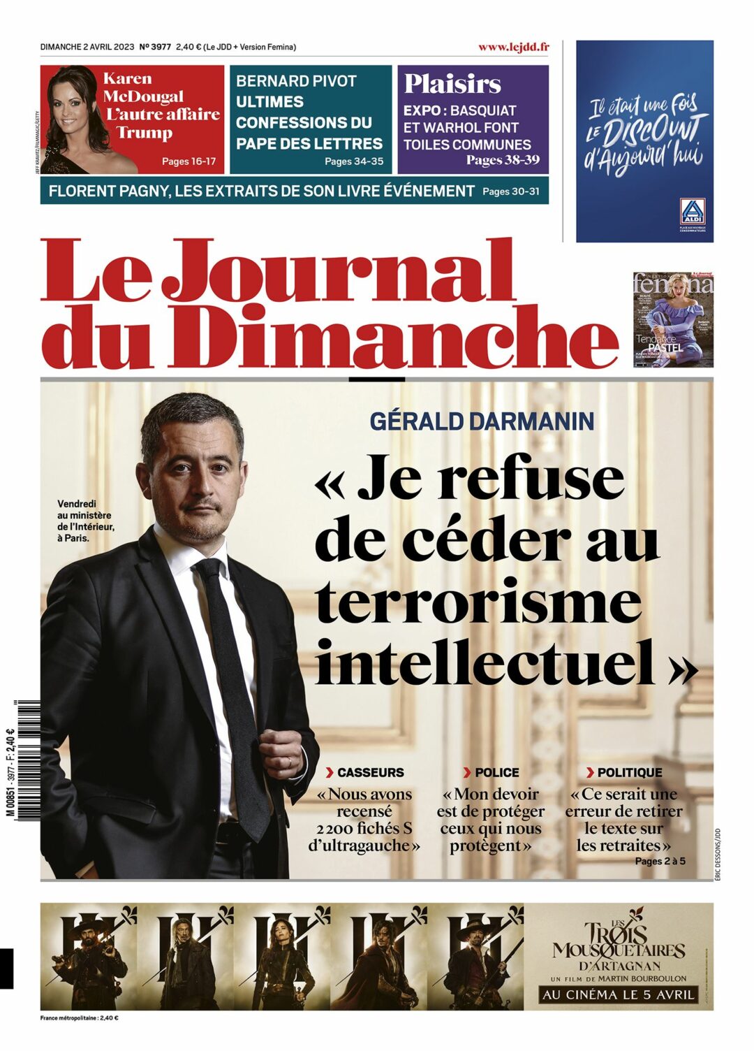 Une du JDD avec interview de Darmanin sur le terrorisme intellectuel