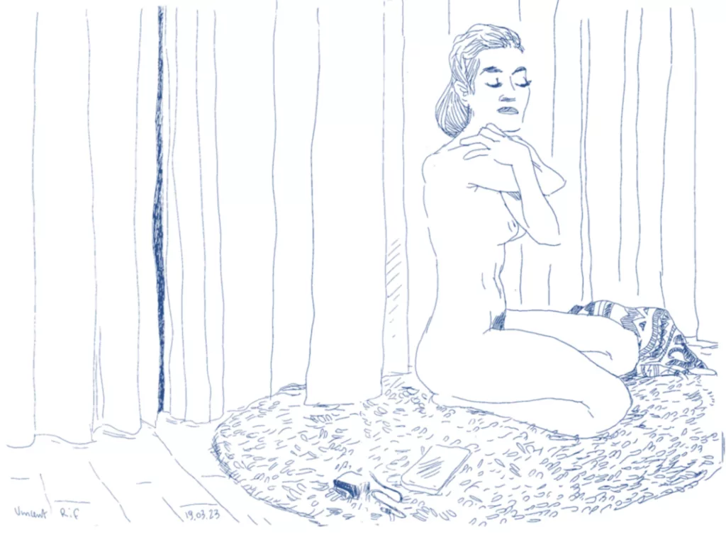 dessin d'après modele vivant, tapis, et rideaux