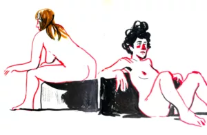 dessin d'après modele vivant, pinceaux et encres colorées