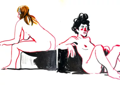 dessin d'après modele vivant, pinceaux et encres colorées
