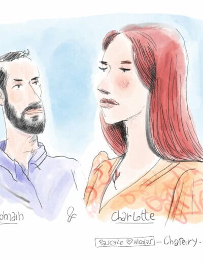 Portrait de couple en couleur. romain et charlotte par Vincent Rif, dessinateur de mariage