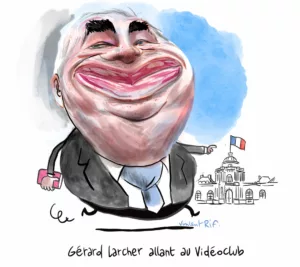 Caricature de Gérard Larcher. Suite à un article du Canard enchaîné, une enquête a été ouverte au sujet d’une potentielle sextape au Sénat. Dans le cadre d'un scandale à la sex-tape.