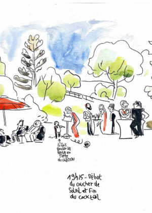 dessin de mariage - cocktail dans les jardins du chateau de vieuville
