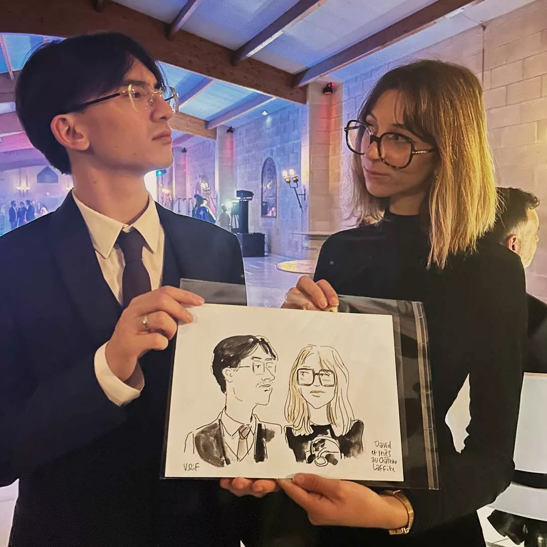 portrait dessiné d'un couple lors d'une soirée festive au chateau Lafite à Bordeaux