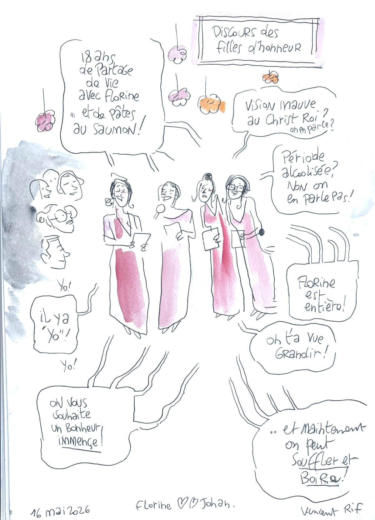 Cocktail-discours-demoiselles Dessin fait au mariage de Florine et Johan