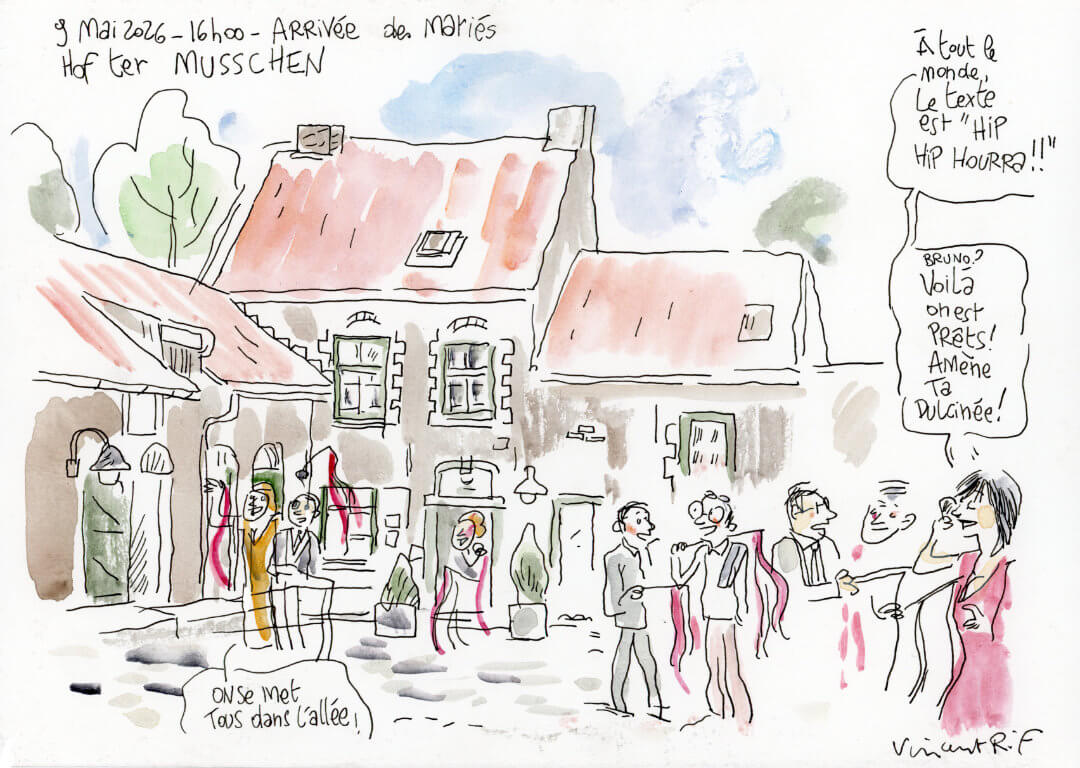 arrivee-au-restaurant Croquis d'un mariage à Hof ten Musschen Woluwe-Saint-Lambert