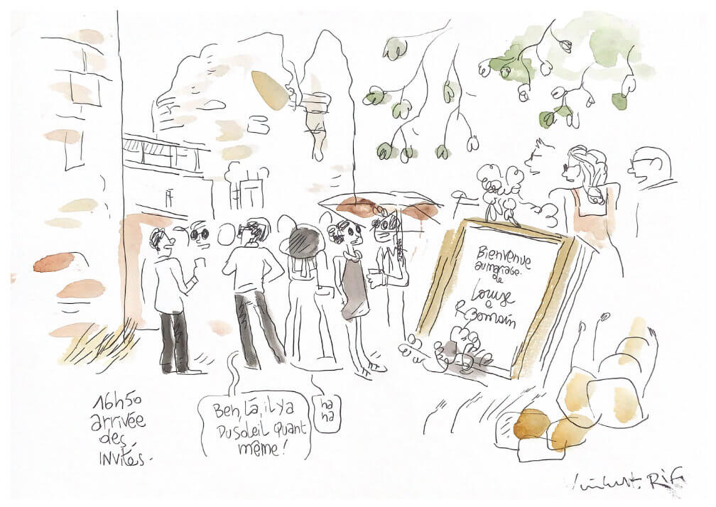 arrivée des invités dessin de l'arrivée des invités de la cérémonie laique au mariage de Louise et Romain, adèle