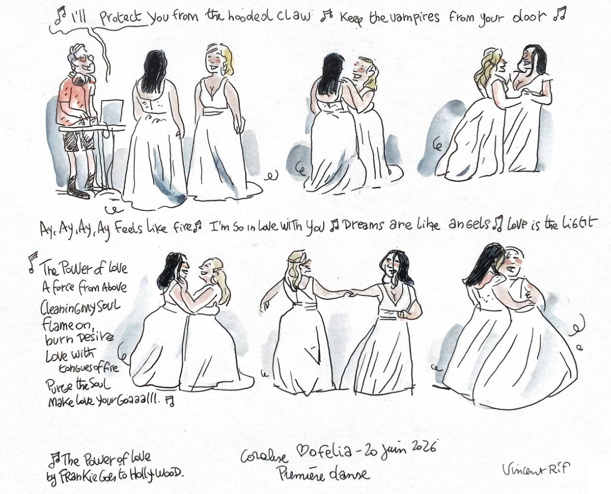 desssin-mariage-franky-goes-to-hollywood dessin de la première danse des mariées sur la musique de Franky Goes to Hollywwwod
