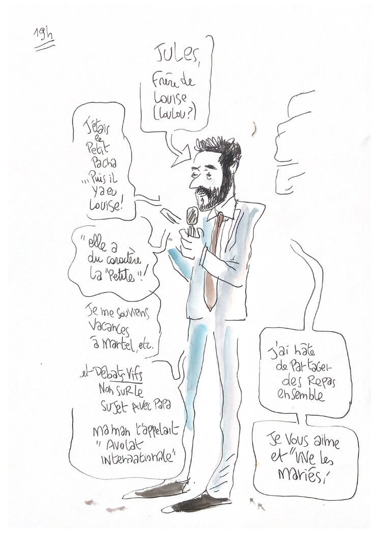 discours de Jules discours dessiné portraits au mariage de Louise et Romain, adèle