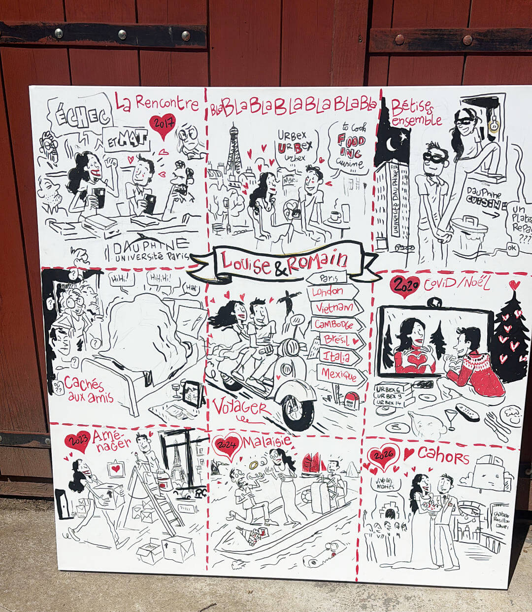 toile-mariage Réalisation en direct ou en différé d'une fresque sur toile lors d'un mariage pour illustrer la rencontre des époux